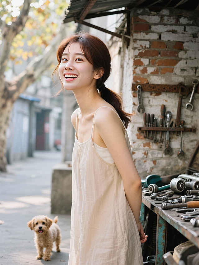 胶片风质感，东亚街头日常，质朴砖墙与旧工具铺陈生活气息，女孩笑靥如花，小狗相伴，温柔光影中流淌清新与文艺的暖意。