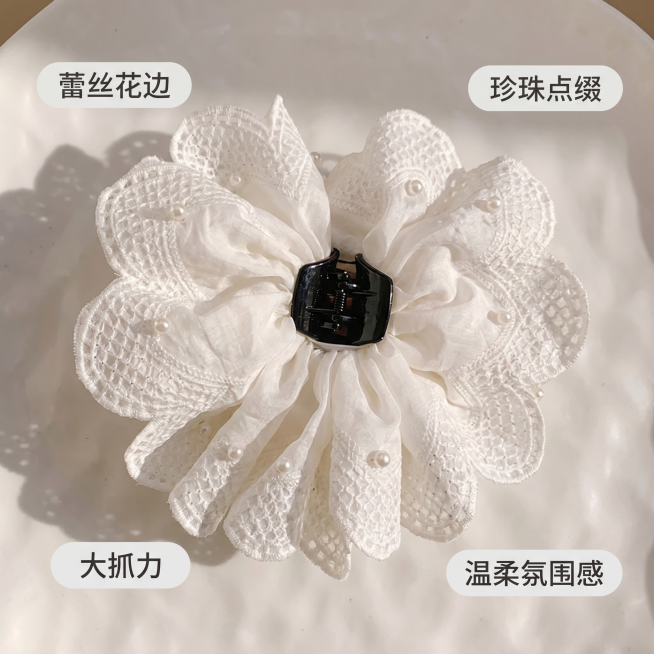[主图 2] 蕾丝珍珠抓夹核心卖点展示。[氛围风格] 干净精致高级感，ins简约风。[画质] 商业摄影质感、光线柔和通透、产品清晰真实、画面干净高级。[元素] 保持白色蕾丝花边珍珠抓夹产品外观（物理结预览效果