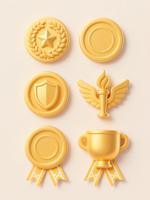 6个不同样式与装饰的金牌元素，采用上下两行对齐排列，浅色背景。金牌整体呈圆形，拥有光滑的金色金属质感，表面带有明亮的高光和自然的反光效果，边缘有一圈精致的凸起线条。每个金牌中心设计各异：第一个是五角星图案，第二个是桂冠环绕，第三个是盾牌造型，第四个是火炬纹样，第五个是翅膀装饰，第六个是奖杯轮廓。金牌下方都配有对称的金色绶带，绶带末端呈尖角状，上面有简约的白色线条勾勒出花纹细节，整体风格统一为卡……预览效果