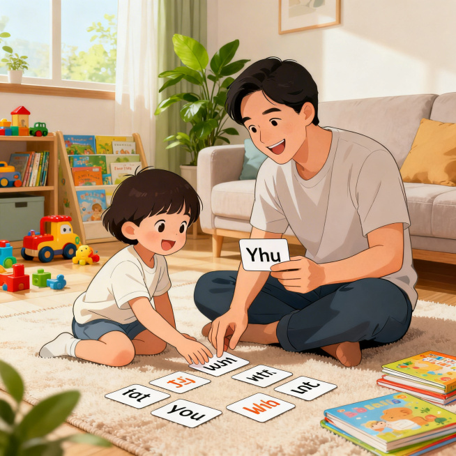镇江英语启蒙育儿知识配图，家长陪伴孩子进行亲子英语游戏场景，轻松自然家庭教育氛围，色调明亮温馨预览效果