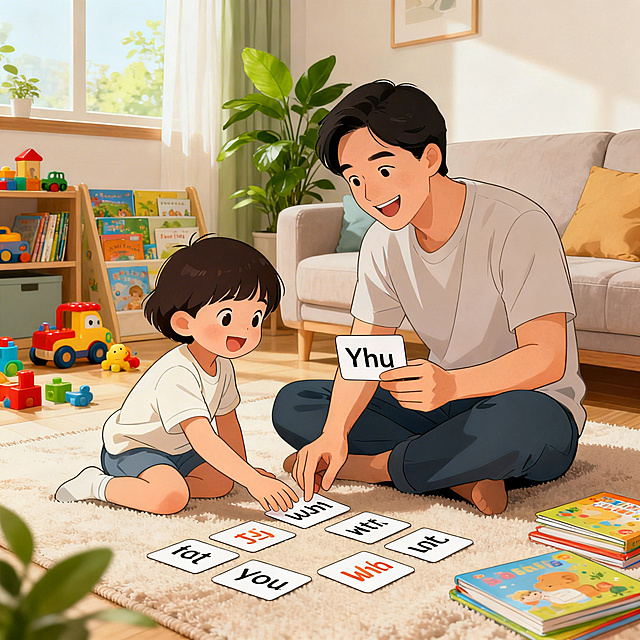 镇江英语启蒙育儿知识配图，家长陪伴孩子进行亲子英语游戏场景，轻松自然家庭教育氛围，色调明亮温馨