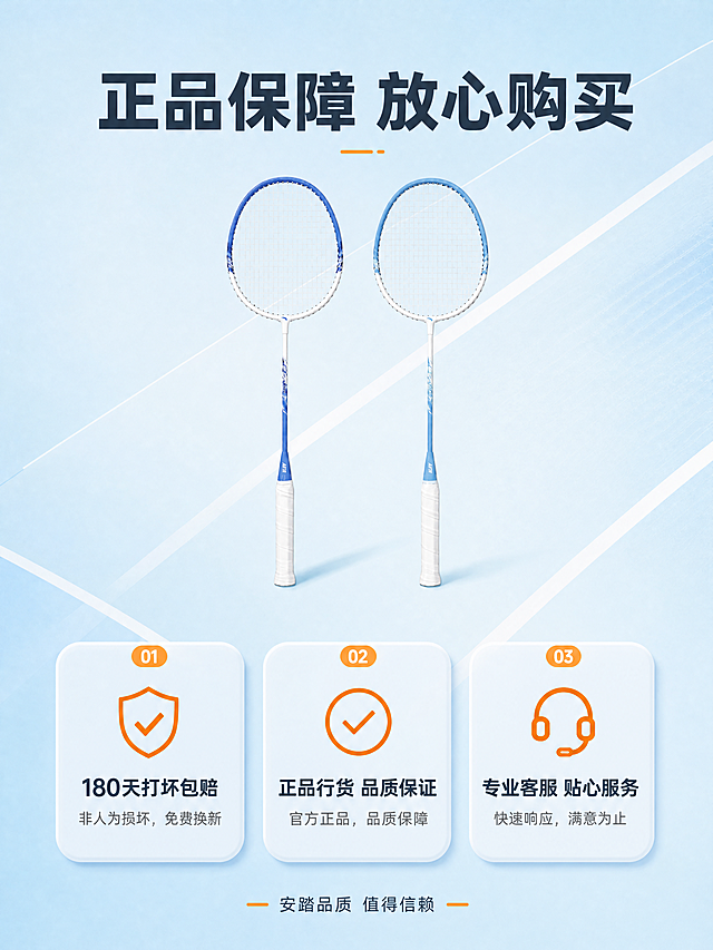 [商品] 使用【图1】安踏羽毛球拍双拍套装；保留产品原貌，做缩小版展示；商品处理：清晰化产品细节。
[画面] 目标：售后保障页，降低购买顾虑，促进下单转化。服务承诺型，画面中心偏上放缩小版双拍产品图；下方3个圆角服务卡片横向排列；浅蓝渐变背景配白色几何线条装饰，整体温馨可信。
[视觉] 套系策略：风格=清新马卡龙运动风，3D商业摄影质感；标题字=现代黑体粗体；正文字=简洁无衬线黑体；主色=浅天蓝；背景延展=基于浅天蓝做同色渐变、斜向白色线条分割、细腻磨砂质感；强调色=活力橙，仅用于小面积标签、图标和高亮文字；标题色=深灰蓝；正文色=中灰；组件=圆角信息卡、细线引线、胶囊标签；光影=左前侧柔和自然光，产品下方有自然投影。
[文字] 顶部大字号主标题"正品保障 放心购买"；3个服务卡片分别为：1."180天打坏包赔"配盾牌图标 2."正品行货 品质保证"配对勾图标 3."专业客服 贴心服务"配耳机图标；底部小字"安踏品质 值得信赖"；所有文字横排。
[规格] 图片比例3:4竖版，4K分辨率，避免变形、错字、文字过小、虚假承诺、极限词。