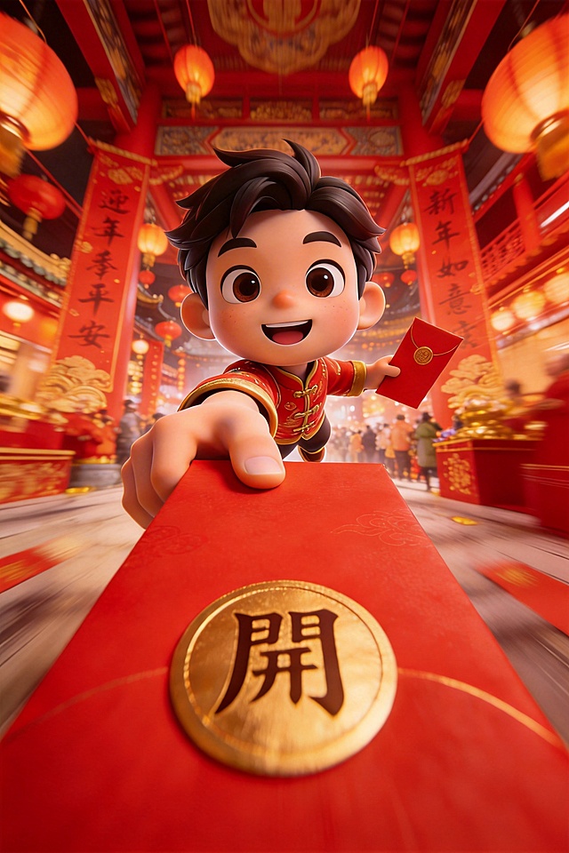 「图片1」3D卡通插画，极端透视效果，低角度鱼眼仰视视角，桶形畸变，夸张大透视，前后景都不虚化。前景是巨大的红包在空中直冲镜头，一个3D卡通新年风格小人，一只手拿着红包向外递交，动作极具动感与气势，红包与人物角色的手极度靠近镜头(红包在镜头内是完整的，不要显得太长，视角居中正对着镜头， 占据画面70%，红包上的烫金圆贴上写着一个繁体字的“開”)，细节生动洋溢童趣。背景是新年热闹红火的古风场景