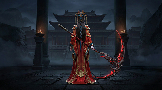 帮我生成图片：帮我生成图片：图片风格为 「CG动画」，昂为生成一组图片，帮我生成图1中的人物的全身待机图（背对镜头），手握巨型武器（图二），细节刻画丰富，人物大小比例和背景参考图三，多生成几张比例 「16:9」