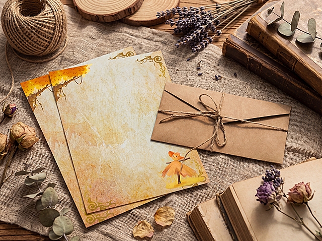 超写实静物摄影，俯拍45°视角，将参考图中的复古信封套装平铺在亚麻纱布上，左侧放两张叠放的信纸，右侧放着信封，信封和信纸叠放着，整体摆放自然；画面点缀干花和复古书本，左上角放置一团天然黄麻绳球，背景散落；整体呈现自然森系、ins风美学，细腻光影层次，突出纸张的纹理、纱布的粗糙肌理、木头的年轮纹理与花朵的质感；高细节、8K分辨率、专业商业静物摄影质感，景深适中，主体清晰锐利，色彩温暖治愈，色调柔和高级，氛围感拉满