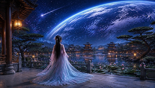 【构图】广角纵深镜头，前景平整的浅色石材露台，画面左侧粗壮深棕色实木立柱，檐下悬挂古风铜灯笼；一位古装女子背对镜头站在露台边缘；中景是铺满荷叶与荷花的池塘，水面澄澈平静，岸边生长苍劲古朴的造型松树；远处坐落黑瓦翘角的多层中式古风亭台楼阁；画面上半部分浩瀚太空里一颗巨大倾斜的弧形蓝色行星横贯天际，星球表面云层纹理清晰，夜空繁星密布，一道耀眼流星划破深空；渺小人物、雅致中式庭院和巨型行星形成强烈尺度对比，纵深感辽阔恢弘。
【人物刻画】女子梳着精致繁复的古风发髻，搭配珠花与流苏发饰，乌黑长发垂落后背；身穿粉蓝渐变的飘逸广袖拖地薄纱汉服，长长的披帛随风轻扬；清冷的宇宙微光柔和洒落在衣料上，纱质面料轻盈通透，布料褶皱自然柔和，女子静静凝望空中的巨型星球，氛围温婉孤寂。
【庭院环境细节】
1. 近景与中景：平整哑光石材露台；大片池塘水面漂浮碧绿荷叶与粉嫩荷花；岸边盆景古松枝干遒劲；远处传统中式楼阁，深色木质结构、飞檐斗拱，建筑悬挂着暖黄色灯笼；整座古风园林悬浮于太空之中；
2. 水面细节：池水清澈，清晰倒映古松、宫殿、星空和巨型星球。
【远景宇宙环境】
深邃漆黑的真空宇宙，巨大倾斜的蓝色行星占据大半夜空，星球表层大面积云层清晰立体，外围环绕淡淡的蓝色大气光晕；漫天细碎星光，一道明亮拖着光轨的流星划过夜空，环境干净通透。
【光影氛围】
整体以清冷深蓝色宇宙夜光为主，建筑灯笼透出微弱暖黄色柔光，冷暖光影层次丰富；主色调：深棕木柱、粉蓝汉服、翠绿荷塘、深蓝星球、璀璨星空；氛围唯美静谧，既有中式园林雅致清幽，又拥有星际宇宙浩瀚缥缈。
【渲染参数】UE5电影级渲染，8K超写实高精度细节，飘逸汉服披帛、松树纹理、荷花荷叶、水面倒影、行星云层、流星光晕全部精细刻画；无畸形人体、无文字水印logo、无现代物品、无西式建筑、无刺眼霓虹灯光。「图片1」