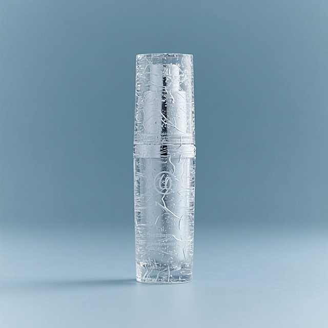 清透玻璃瓶身融入冰裂纹理，轻拟物设计展现科技感与清爽质感，简约主义美学凸显现代护肤新体验。