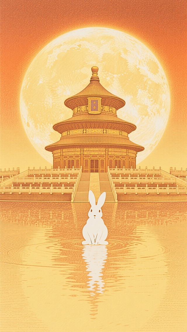 中式古典建筑与玉兔映月，鎏金色调营造梦幻静谧氛围，插画风融合国潮与拟人元素，呈现中秋佳节的神圣唯美意境。