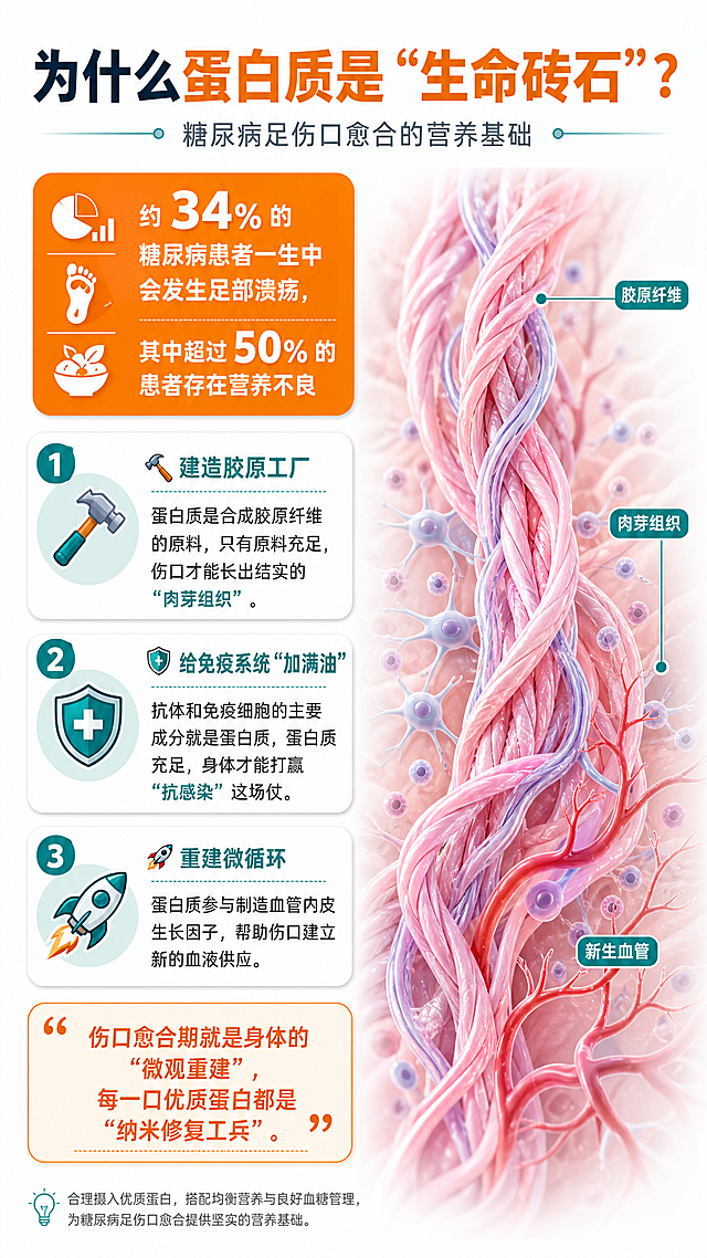 医学科普糖尿病足图文第2页，标题为什么蛋白质是"生命砖石"？排版左文右图，左侧是橙色背景关键数据框：约 34% 的糖尿病患者一生中会发生足部溃疡，其中超过 50% 的患者存在营养不良，然后三个要点：1.🔨 建造胶原工厂，蛋白质是合成胶原纤维的原料，只有原料充足，伤口才能长出结实的"肉芽组织"；2. 🛡️ 给免疫系统"加满油"，抗体和免疫细胞的主要成分就是蛋白质，蛋白质充足，身体才能打赢"抗感染"这场仗；3. 🚀 重建微循环，蛋白质参与制造血管内皮生长因子，帮助伤口建立新的血液供应，单独带框金句：伤口愈合期就是身体的"微观重建"，每一口优质蛋白都是"纳米修复工兵"，右侧放胶原蛋白纤维示意图，医疗科普风格，清晰排版