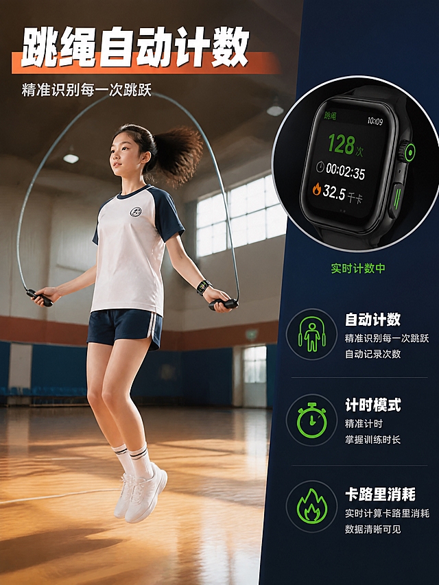 [商品] 使用【图6】黑色方形智能手表；保留全部外观特征；手表屏幕显示跳绳计数界面（次数 时间 消耗卡路里）。
[画面] 第5张 场景使用图-跳绳训练；目标：展示跳绳项目使用场景与自动计数功能；版式为左场景右数据 左侧约占65% 是室内体育馆或操场场景 一名初中女生（亚洲 14-16岁 运动服）正在跳绳 绳子在空中形成弧线 左手佩戴手表 动作自然有动感；右侧约占35% 是竖向排列的功能信息区 顶部有手表屏幕特写放大窗 下方列3个跳绳功能点：自动计数 计时模式 卡路里消耗。
[视觉] 套系策略：风格=青春活力校园科技风 京东品质感；标题字=现代无衬线粗体大字；正文字=简洁无衬线体；主色=活力橙红+运动蓝；背景延展=左侧室内体育馆木地板+明亮灯光场景 右侧深蓝渐变信息区；强调色=荧光绿 仅用于数据高亮 图标；标题色=白色/深灰；正文色=浅灰/中灰；组件=圆形放大窗 功能图标 数据标签；光影=体育馆顶光 人物有动态模糊感表现跳绳动作 手表特写清晰锐利。
[文字] 场景区顶部主标题「跳绳自动计数」白色粗体大字带底衬；副标题「精准识别每一次跳跃」浅灰小字；右侧信息区三个功能点配荧光绿图标 文字白色；放大窗旁标注「实时计数中」荧光绿小字。
[规格] 比例3:4竖版 4K；负向：变形 错字 文字过小 产品悬浮 穿模 京东Logo 水印 极限词 面部扭曲 手部畸形。