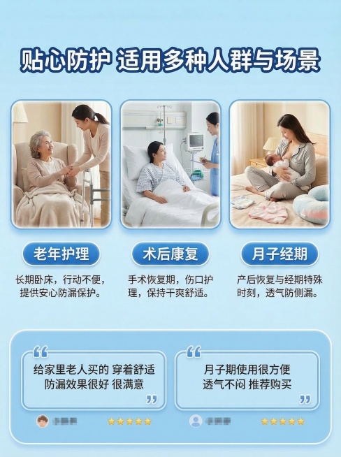 修改这张老年人隔尿裙适用人群场景详情图，保留上方原有标题、三张场景图和所有文案内容不变，将底部的空白区域替换为一个客户真实评价展示模块，浅蓝底色圆角框内展示两条真实用户评价：第一条 "给家里老人买的预览效果