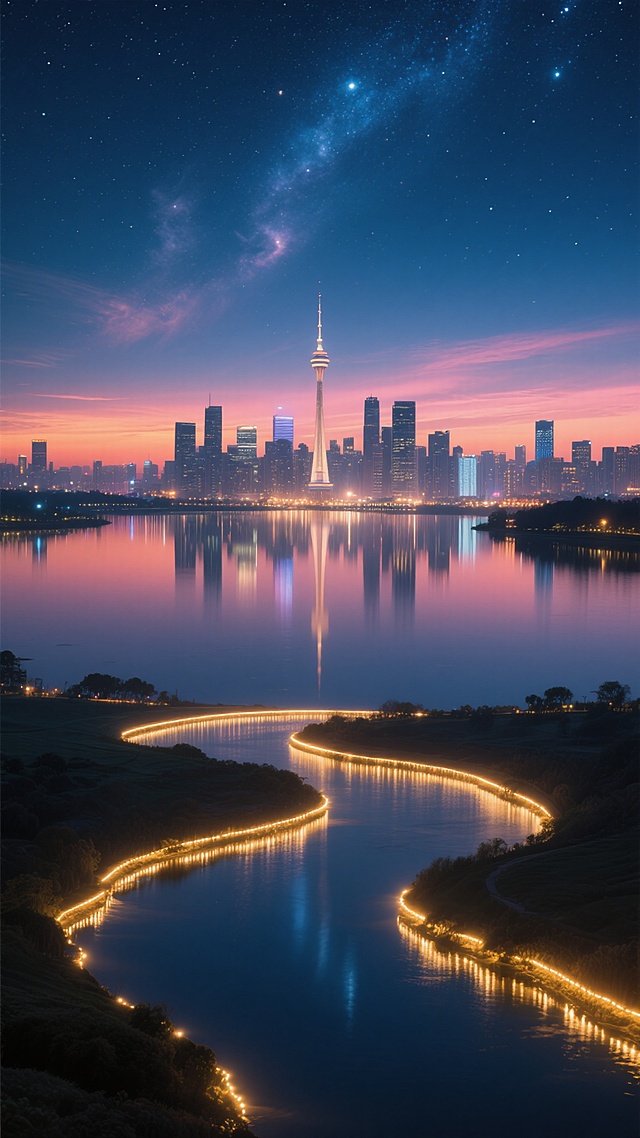 夜晚城市全景，深蓝渐变夜空点缀璀璨繁星与柔和星云，远处天际线呈现渐变的橘粉色霞光，城市建筑群灯火通明，高楼与独特塔楼在夜色中勾勒出清晰轮廓，平静水面倒映着城市灯光与天空色彩形成对称美感，前景为蜿蜒的发光灯带如同流动的金色河流环绕着静谧水域，整体画面呈现梦幻浪漫的夜景氛围，光影层次丰富，色彩和谐统一，具有高度细节的写实风格。