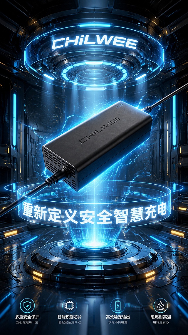 超威充电器商业产品海报，科技赛博朋克机械展厅空间，金属工业框架结构，四周环绕通透蓝色霓虹光管与环形全息发光灯带，金属浅灰机械墙体搭配蜂窝电路暗纹，顶部与底部双层环形发光全息悬浮台，中心悬浮一只超大的超威充电器，保留充电器两端的数据线，电流缠绕。充电器下方是一个能量光束底座，释放出电流至充电器。充电器上方悬浮环形全息发光灯带环绕LOGO「CHILWEE」，充电器下方环绕弧形白色飘带文字「重新定义安全智慧充电」，整体冷调青蓝色霓虹光影，带点黄色辅助色，丁达尔光束穿透空间，金属材质反光细腻，OC渲染8K超高清，电影级景深，强透视，商业产品海报质感，细节清晰，文字排版层次分明，未来科幻电竞氛围，无画面畸变，主体充电器居中突出