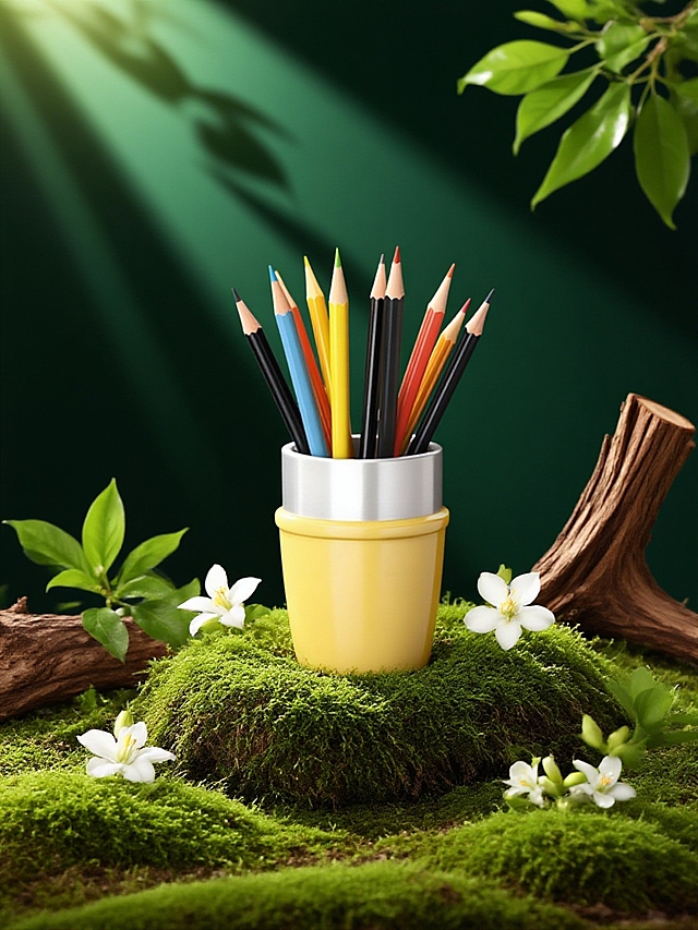 主体放置在覆盖苔藓的地面上，周围有枯木、绿叶、绽放的茉莉花，背景为深绿色，树影