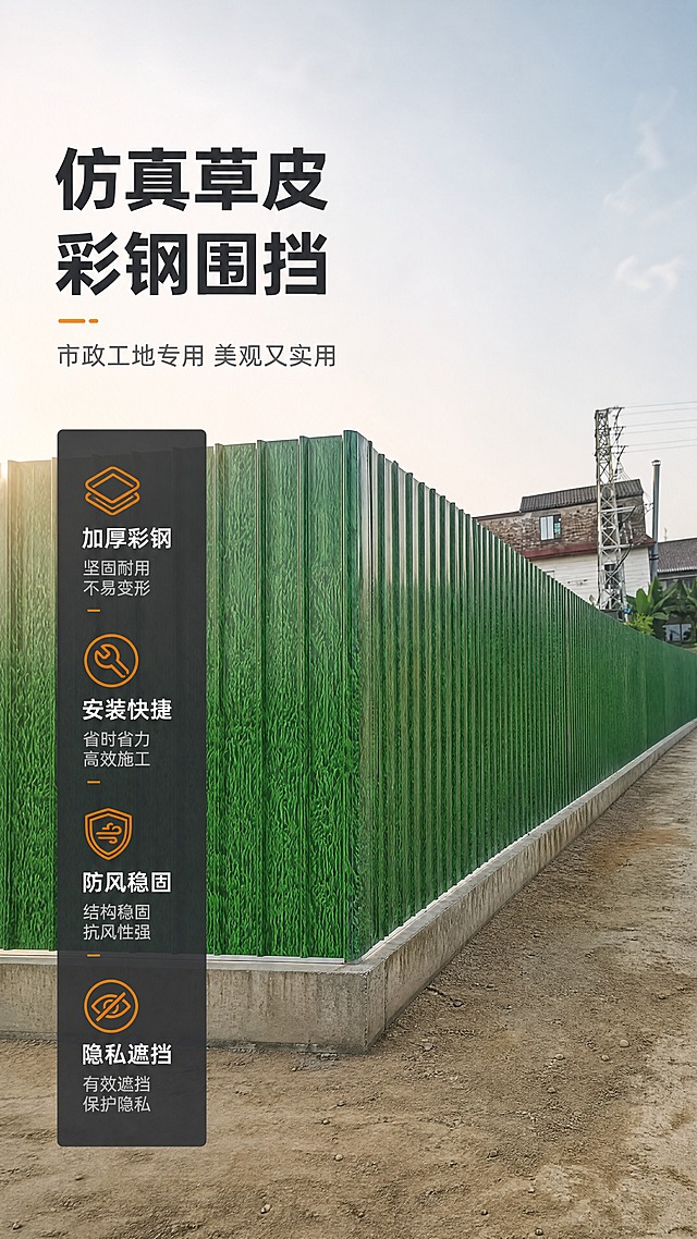 [商品] 使用【图1】绿色仿真草皮彩钢瓦围挡；保留波纹彩钢结构、绿色小草图案、竖向瓦板拼接方式、金属质感边缘；修复画面杂物与前景垃圾，使围挡板面干净整洁、图案清晰均匀，不改变产品结构和颜色。
[画面] 目标：专业头图，突出仿真草皮围挡的工程美观与实用性。构图：左文右图，右侧为工地实景中完整延伸的绿色草皮围挡，围挡从近景延伸至远景形成纵深感，左侧留白放文案；主体占画面65%，前景为干净的施工地面，中景为围挡主体，后景为工地建筑与天空，整体为真实工地场景。
[视觉] 套系策略：风格=五金建材专业工业风商业摄影；标题字=粗黑无衬线黑体；正文字=简洁无衬线体；主色=草绿+深灰；背景延展=基于深灰和草绿做深浅层级、同色渐变和金属/水泥质感；强调色=橙黄色，仅用于小面积图标、引线和标签；标题色=白色/深炭灰；正文色=中灰；组件=深色半透明信息卡、细线引线、工业风图标；光影=自然日光侧光，突出围挡立体感与金属质感。
[文字] 左侧上方主标题"仿真草皮彩钢围挡"，副标题"市政工地专用 美观又实用"，下方配4个短卖点图标：加厚彩钢、安装快捷、防风稳固、隐私遮挡；文字横排，不遮挡围挡主体。
[规格] 图片比例9:16竖版，4K，避免变形、错字、文字过小、冷蓝背景、围挡颜色改变、结构失真、杂物垃圾。