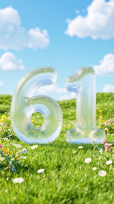 杰作,最高画质,8K超高清,3D渲染,C4D风格,皮克斯卡通美学,微缩场景,草地上竖立着两个巨大的透明充气膨胀感数字“6”和“1”,带有清晰的PVC半透明质感和充气压边细节,数字占据画面中心主体位置,预览效果