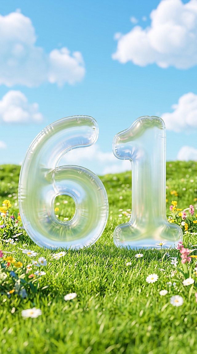 杰作,最高画质,8K超高清,3D渲染,C4D风格,皮克斯卡通美学,微缩场景,草地上竖立着两个巨大的透明充气膨胀感数字“6”和“1”,带有清晰的PVC半透明质感和充气压边细节,数字占据画面中心主体位置,场景是3D渲染质感的阳光明媚的户外草地,鲜绿的草地上点缀着白色雏菊和彩色小野花,晴朗蓝天飘着蓬松白云,天空和草地比例各占画面一半,61数字有三分之二面积是背后的虚化草地,柔和的自然光,整体氛围清新明亮,竖版构图,平视角度,高饱和清新马卡龙色调,无多余元素
