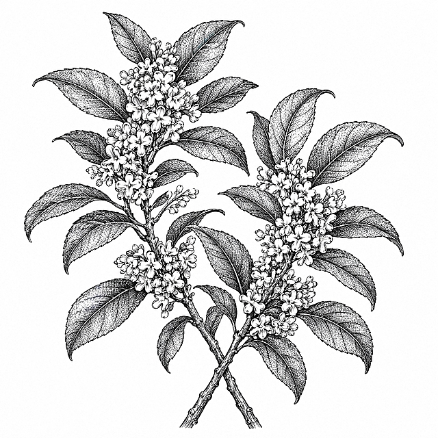 参考图中包装上的黑白铜版画/古典植物雕版线描风格，重新绘制一幅【桂花】的简笔画：两根桂花枝自画面下方交叉向上伸展，主干纤细木质、分枝清晰，叶片对生错落、大小相间，多处叶腑綴满成簇小花，用细密雕版排线刻画枝、叶、花的纹理，纯白背景，黑白色调，无任何文字