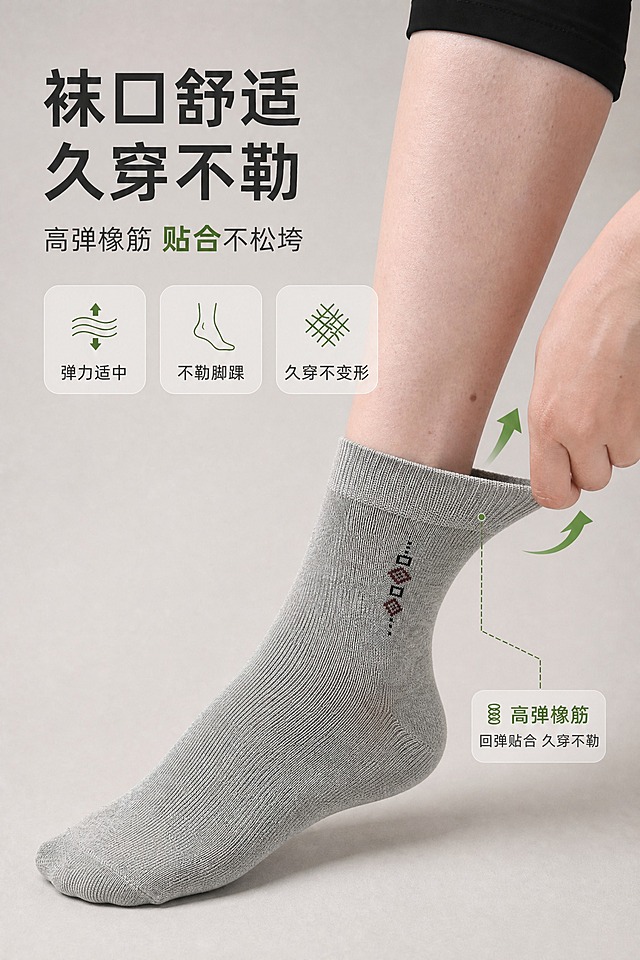 参考图1的海报版式和文案内容，使用图2中的真实袜子和脚，制作一张袜口细节海报图：
1. 背景改为图1风格的浅灰色纯色简洁背景
2. 保留图2袜子的真实纹路、质感、针织细节和脚的真实形态
3. 手拉扯袜口的动作保留，调整角度使脚尖朝向左下方（与图1一致）
4. 左上角添加与图1完全相同的文案：主标题「袜口舒适 久穿不勒」，副标题「高弹橡筋 贴合不松垮」，下方三个白色圆角图标框（弹力适中、不勒脚踝、久穿不变形）
5. 袜口右侧添加绿色箭头标注和虚线，右下角白色圆角框标注「高弹橡筋 回弹贴合 久穿不勒」
6. 整体排版布局与图1一致，袜子和脚保持真实质感，光影自然