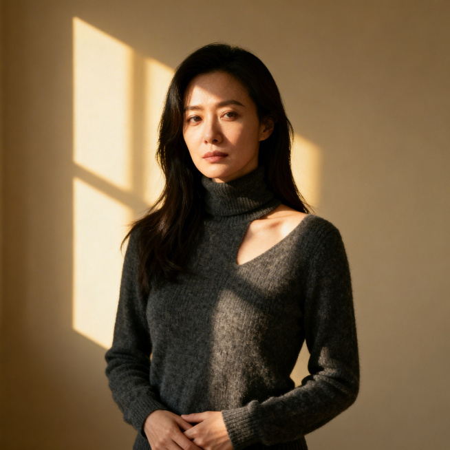 写实人像，沉稳女性，深灰上衣，室内柔光，气质沉稳，人像细节真实预览效果