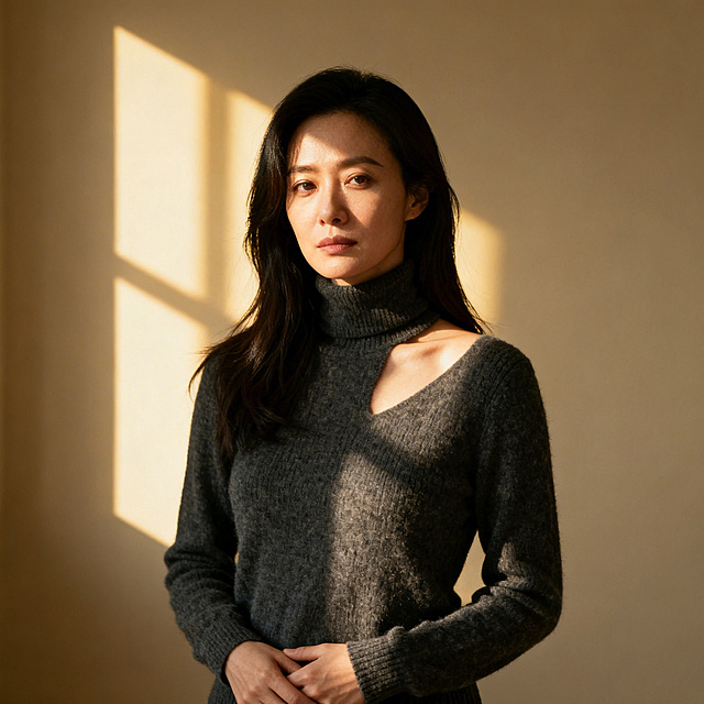 写实人像，沉稳女性，深灰上衣，室内柔光，气质沉稳，人像细节真实