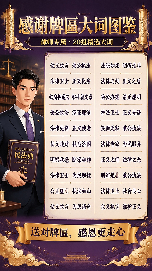 基于参考图的中国风版式风格，重新设计律师行业专属感谢牌匾大词图鉴海报。本图使用【图1】作为版式和风格参考。

【整体风格】中国风正气大气，紫金配色，庄重威严，商业插画质感，与参考图视觉风格保持一致。

【顶部】深紫色渐变背景配金色祥云暗纹，左右两侧金色卷轴装饰；居中大标题"感谢牌匾大词图鉴"烫金粗宋体；下方副标题"律师专属 · 20组精选大词"金色小字。

【主体区域】左侧是一位穿西装、打领带的年轻男律师半身插画，正气凛然，手持法典，背景有法庭书架虚化元素和天平图案；右侧分两列展示20组大词，深紫色书法字体，每组大词之间有细金线分隔。

【大词清单-左列10组】
仗义执言 秉公执法
法律卫士 正义化身
铁肩担道义 妙手著文章
秉公执法 清正廉洁
法律先锋 正义使者
仗义疏财 扶危济困
明察秋毫 断案如神
法律卫士 为民解忧
公正廉明 执法如山
仗义执言 为民请命

【大词清单-右列10组】
法眼如炬 明辨是非
法律之剑 正义之盾
秉公办案 清正廉明
护法卫士 正义先锋
铁面无私 秉公执法
法律专家 为民服务
正义之师 法律之光
明辨是非 秉公执法
法律卫士 社会良心
仗义执言 维护正义

【底部】金色横幅装饰，中间写"送对牌匾，感恩更走心"，两侧有祥云纹样；去掉二维码占位，底部干净整洁。

【版式】9:16竖版，2K分辨率，文字清晰可读，所有大词必须完整呈现，不得遗漏。
画面中所有信息区域必须填充完整合理的内容，不得出现空白框、空白占位、横线待填写区域、空列表项、空单元格。