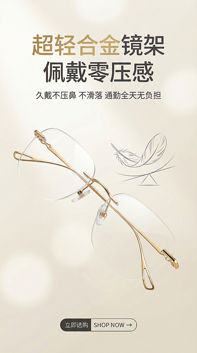 竖版电商海报，极简轻奢杂志风，统一高级通透光影，画面顶部居中放置主标题【"超轻合金镜架 佩戴零压感"】，主标题下方放置副标题【"久戴不压鼻 不滑落 通勤全天无负担"】，文字统一采用极简无衬线字体，金色与深灰色搭配，居中精致排版，留白充足；画面中心主体是严格还原上传的无框设计、金色金属镜架、镂空镜尾、透明硅胶鼻托、透明光学镜片的眼镜，保持产品真实材质质感，高光细腻的金属质感、高透光滑的镜片质感、哑光软弹的硅胶鼻托质感；产品旁搭配羽毛轻量可视化元素，用极简线条勾勒羽毛与镜架的重量对比，背景为米白色柔焦渐变背景，柔和顶光突出镜架的纤细轻盈质感，画面底部居中放置CTA按钮，按钮文字为 "立即选购 SHOP NOW →"，整体画面干净高级，卖点清晰直观，8K超高清，细节拉满。避免模糊、低分辨率、产品变形、镜架加粗、配色错乱、结构改变、杂乱背景、文字模糊、光影杂乱、材质失真、画面拥挤、多余物体