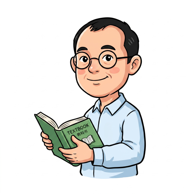 参考提供图片中的卡通插画设计风格，生成一位45岁的中年男老师，微秃黑发戴眼镜，穿浅色衬衫，手拿课本微笑，纯白色背景，年龄在35-50之间预览效果