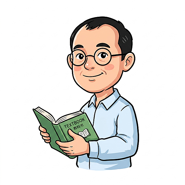 参考提供图片中的卡通插画设计风格，生成一位45岁的中年男老师，微秃黑发戴眼镜，穿浅色衬衫，手拿课本微笑，纯白色背景，年龄在35-50之间