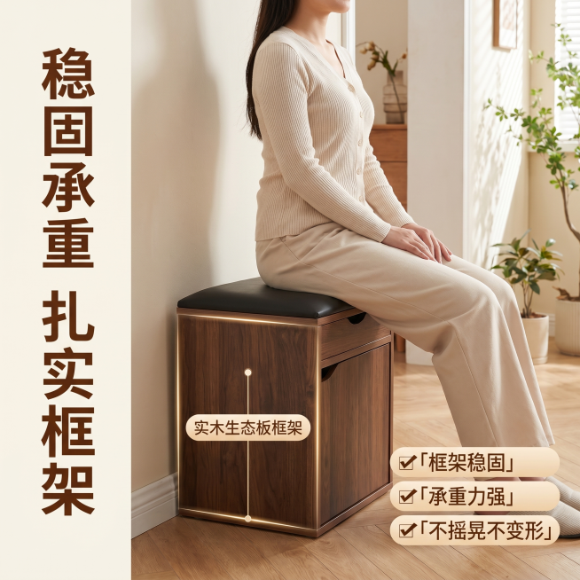 [主图-4] 实木软包换鞋凳承重稳固展示。[氛围风格] 家居治愈风，温馨居家生活感。[画质] 商业摄影质感、光线柔和通透、产品清晰真实、画面干净高级。[元素] 成年女生自然坐在换鞋凳上，身体直立展示正预览效果