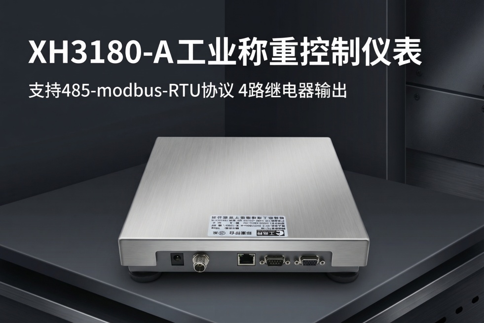 [主图1]首图产品展示，XH3180-A工业称重控制仪表产品后置接线端整体展示，产品居中放置在深灰渐变工业背景中。主标题 "XH3180-A 工业称重控制仪表" 大字号悬浮左上角，副标题 "支持485预览效果