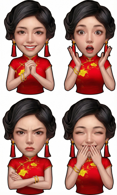 保持人物主体不变，绘画风格不变，创作一组表情不同、姿势不同的图片预览效果