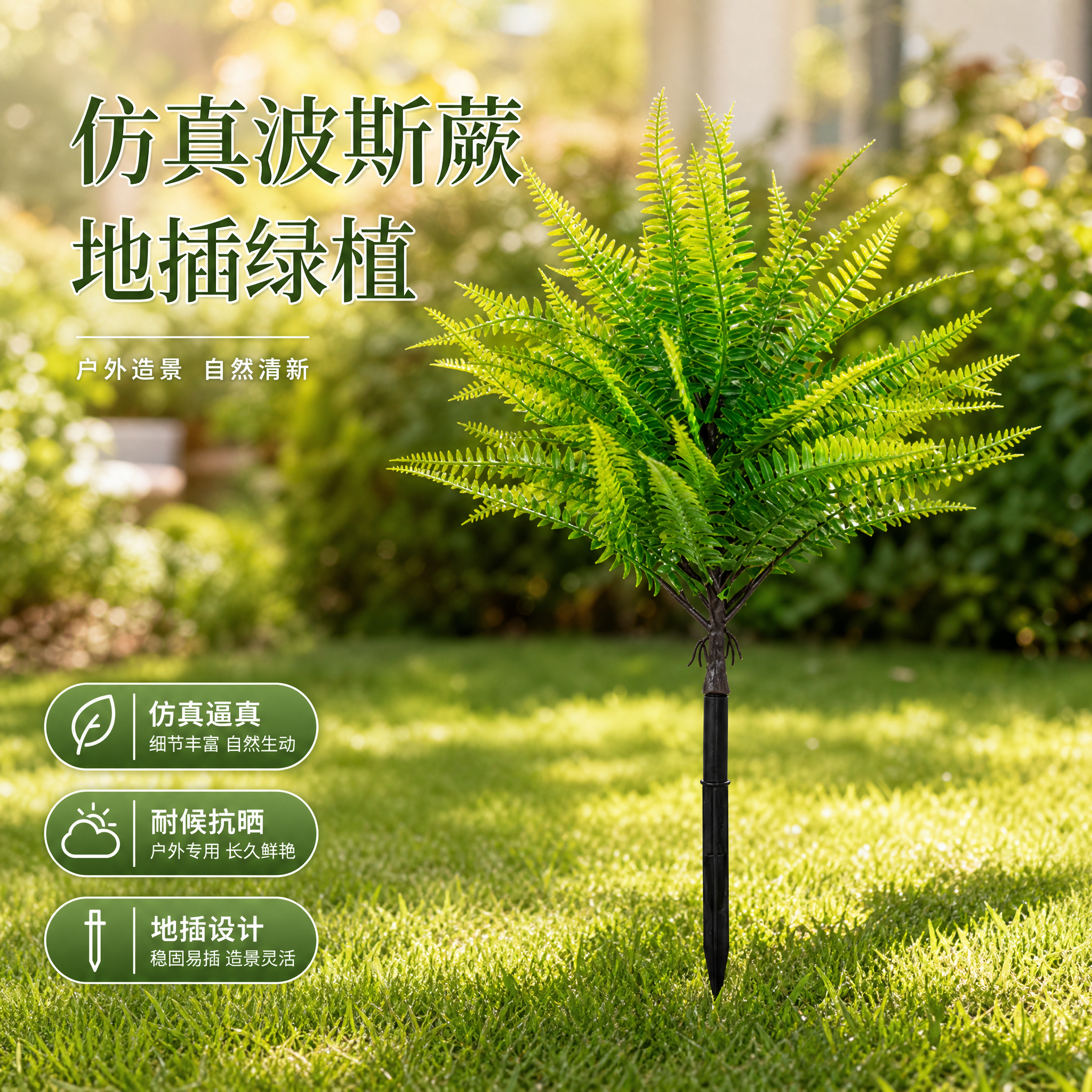 仿真波斯蕨地插绿植主图，户外庭院造景，自然清新风格。绿色羽状叶… - 图片创意预览