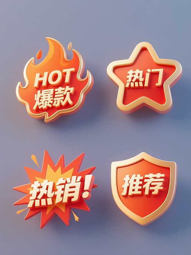 一组四个完全不同造型的爆款元素内容集合，规整排布在纯色背景上，每个元素均保持原3D质感的渐变风格、橙红色主色调与金色描边的色彩和谐度、高光与阴影细节丰富的光影运用、平滑过渡的数字艺术媒介特征，元素造型分别为：1. 火焰包裹的"HOT"文字与"爆款"汉字组合的不规则徽章；2. 五角星形状内包含"热门"文字的立体标签；3. 爆炸效果环绕"热销"字样的动态图标；4. 盾牌轮廓内有"推荐"字样的权威标识，所有元素视觉层级清晰，信息传达高效，符合促销宣传的设计感与目标受众审美。