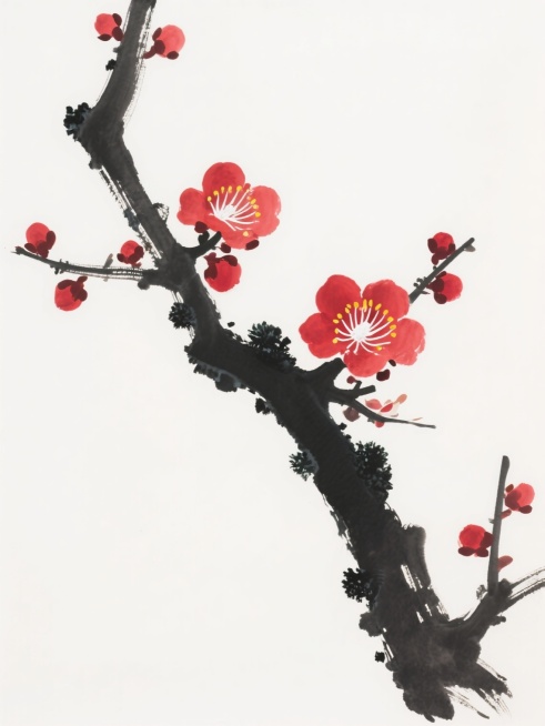 中国传统水墨画风格，一枝斜出的墨梅枝干，枝干以浓淡干湿的墨色勾勒，笔触苍劲有力，富有书法韵味，枝头点缀着鲜艳的红色梅花，梅花花瓣层次分明，有的含苞待放，有的完全盛开，花蕊以白色和黄色点缀，背景为纯净的白色，营造出清雅脱俗、傲骨铮铮的意境，枝干上还有几点墨色的苔点，增添了画面的生动感和艺术张力。预览效果