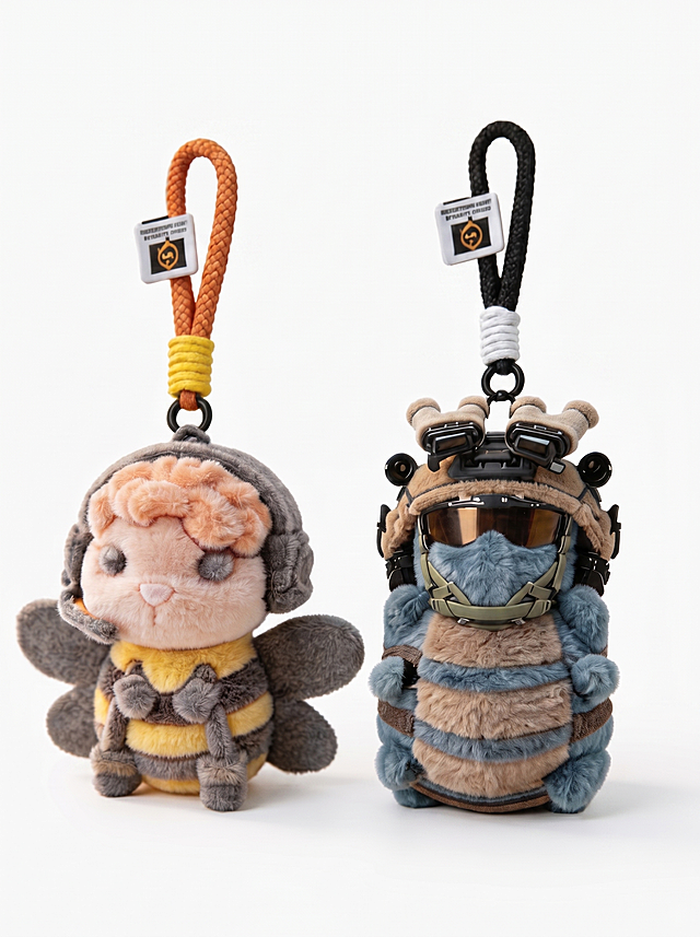 [主图 5] 三角洲行动植绒挂件简约白底展示图。[氛围风格]干净专业电商展示风。[画质]商业摄影质感、光线柔和通透、产品清晰真实、画面干净高级。[元素]两个植绒挂件居中摆放，完整展示整体造型，保留原产品所有细节、材质、颜色完全一致，无变形色差。纯白色背景，完全纯净无杂物。商品主体占比控制在65%左右，构图居中平衡。[光影]影棚均匀打光，主辅光配合，没有生硬阴影，产品轮廓清晰，每个细节都清楚呈现。[配色]纯白背景，产品自然显色，对比清晰干净。[视角构图]平视正面拍摄，产品完整展示无裁切。[文字版式]不需要额外文字，保持纯净展示。[比例分辨率]3:4 比例，2k 分辨率；文字清晰锐利，画面超高清。[负向提示词]变形，水印，文字错乱，产品图模糊，背景杂乱，裁切主体，阴影杂乱。