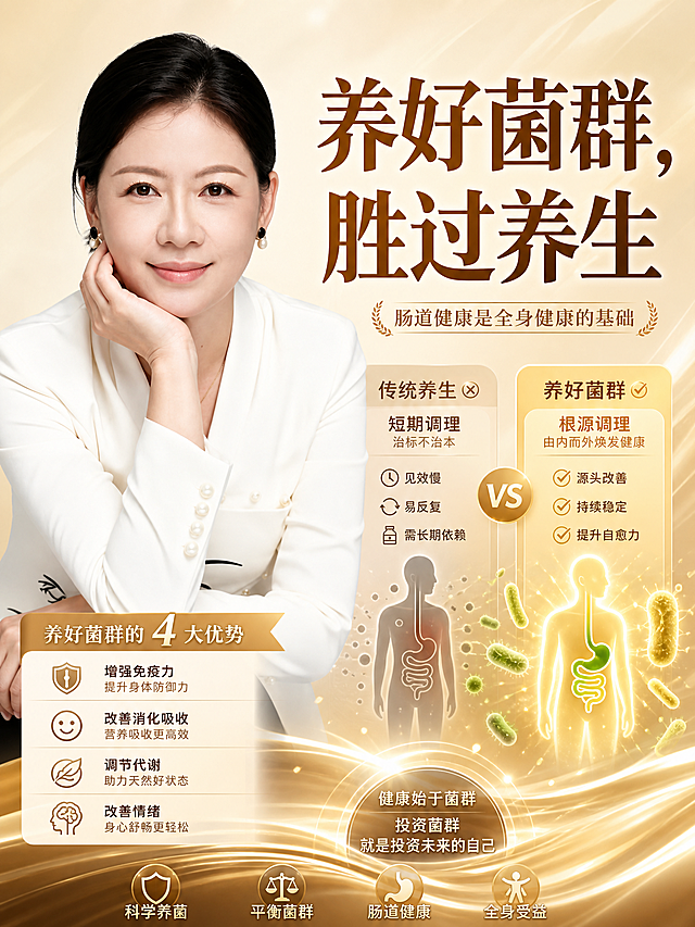 小红书封面设计，大气丰满风格，左侧是参考图中的知性中年女性（穿白色西装，黑色头发，优雅微笑），右侧是醒目的大标题文字“养好菌群，胜过养生”，背景为茶金色渐变，带有养生对比和菌群优势图案，整体专业大气，养生科普风格，画面饱满，构图均衡，2K高清