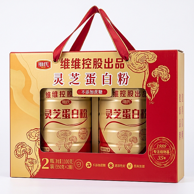 维维控股出品维氏灵芝蛋白粉商品主图，不添加蔗糖，550g/罐，红色金色国风包装，突出产品双罐礼盒整体，不展示单独内条，主图风格简洁清晰适合电商展示