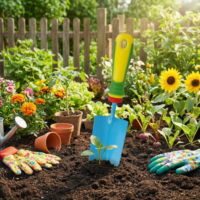 1:1场景图，儿童园艺工具，画面背景是在一个阳光明媚的花园，孩子蹲在花园泥地上，手拿铲子为小植物移栽，突显产品，不需要出现人物预览效果