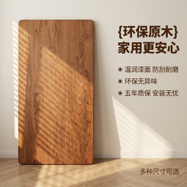 [主图 5] 规格与服务保障展示-实木桌面板服务转化图。
[氛围风格] 专业可信，整洁清晰；
[画质] 商业摄影质感、光线柔和通透、产品清晰真实、画面干净高级。
[元素] 保留实木桌面板完整展示在画面预览效果