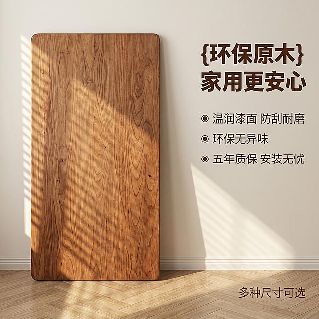 [主图 5] 规格与服务保障展示-实木桌面板服务转化图。
[氛围风格] 专业可信，整洁清晰；
[画质] 商业摄影质感、光线柔和通透、产品清晰真实、画面干净高级。
[元素] 保留实木桌面板完整展示在画面中左侧，保持产品外观材质颜色与输入产品图一致，右侧放置规格说明和服务保障，背景保持和整套图一致的墙面地砖，光影方向统一。画面满版无边框，整体排版均衡。
[光影] 和主图1一致的午后暖调自然光，光影通透层次自然，保持整套图光影统一。
[配色] 主色调原木浅棕，文字采用深棕色，和整体配色保持一致。
[视角构图] 整体均衡构图，产品在左，信息在右，稳定清晰。
[文字版式] 顶部主标题“{环保原木} 家用更安心”，深棕色粗体左对齐；左侧产品展示，右侧分三行排列核心服务卖点：“● 温润漆面 防刮耐磨”“● 环保无异味”“● 五年质保 安装无忧”，每行圆点开头，文字清晰，大小对比分明，不遮挡产品主体；右下角放置温馨提示“多种尺寸可选”，小号浅棕色文字。
[比例分辨率] 1:1比例，2k分辨率，文字清晰锐利，画面超高清。
[负向提示词] 变形，水印，文字错乱，产品图模糊，背景杂乱，配色刺眼，遮挡主体，光影不统一，风格不一致