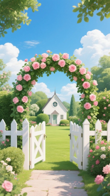 一张花园场景的插画，画面中央是一个白色尖桩栅栏门，门上有一个由茂密绿叶和大量盛开的粉色玫瑰花组成的花拱，栅栏门敞开着，露出里面修剪整齐的绿色草坪和一座带有圆形窗户和尖顶的白色小屋，小屋周围环绕着各种绿色灌木和花卉，天空湛蓝，飘着几朵白色的云朵，阳光明媚，光线充足，整个画面充满了宁静、温馨、浪漫的氛围，色彩鲜艳，细节丰富，具有写实的质感和梦幻的田园风格。预览效果