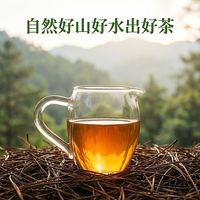 [主图 2] 高山手工红茶茶汤展示主图
[氛围风格] 绿色无污染，亲近大自然，自然通透清新氛围
[画面元素] 商业摄影质感、光线柔和通透、产品清晰真实、画面干净高级。玻璃公道杯盛放琥珀色红茶汤居中放置在松针铺垫上，背景替换为远山绿意朦胧山林，自然暖阳逆光穿透茶汤，突出茶汤金黄通透的诱人色泽，呈现冲泡后的极佳状态
[配色色系] 主色调：茶汤橙琥珀色、背景自然绿色；辅助色：玻璃透明色、松针深褐色
[视角构图] 平视中心构图，浅景深突出茶汤主体
[文字版式] 顶部文字"自然好山好水出好茶"绿色清新字体，不遮挡茶汤主体
[比例分辨率] 1:1 比例，800*800像素，文字清晰可辨，超高清
[负向提示词] 变形，水印，文字错乱，茶汤模糊，背景杂乱，文字遮挡茶汤