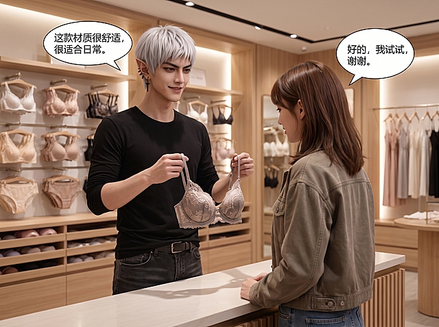 保留原图人物的短发、五官和外在气质，不变发型五官气质，保持建模近真风格，生成这个短发精灵耳男性卖内衣时和随机路人互动，带有中文对话气泡，偏外向沉稳温柔的气质，4:3比例
