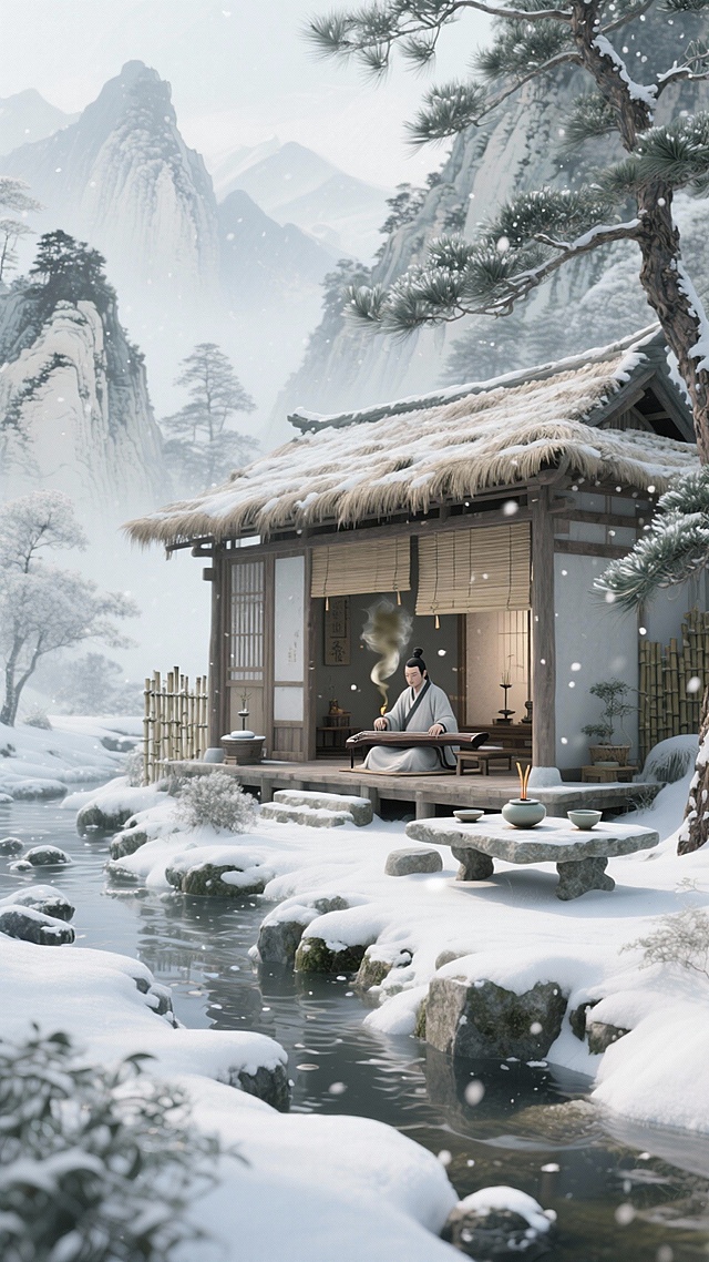 水墨风与3D重拟物结合，雪落山居，古琴轻抚，营造出古典中式静谧意境，唯美感与文艺气息交融，虚拟现实呈现冬日禅意画卷。