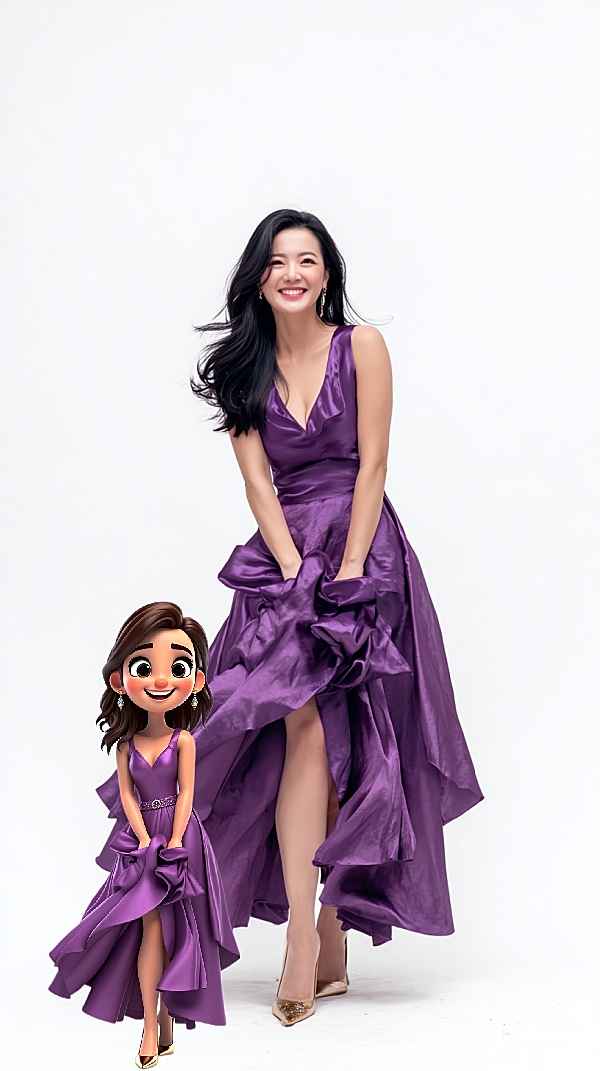 时尚优雅的紫色礼服，2D卡通与3D真人混搭，拟人化设计展现独特魅力。