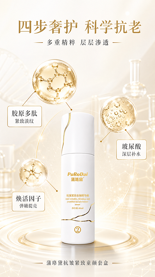 [主图-2] 蒲珞黛抗皱紧致童颜套盒 核心功效成分解析 四步奢护抗老。
[统一基调] 整体风格为高端轻奢白金风，背景主色为纯净奶白色搭配香槟金渐变光晕，标题字色为香槟金，辅助字色为深灰，强调色为金色，字体为优雅细衬线体，字号层级分明，卡片与图标采用金色细线边框，整体简洁高级有品质感。
[画面] 画面中央偏下位置放置精华液单品（②号）作为主角，占比约40%。瓶身上方悬浮三组3D微观分子结构球（胶原蛋白、透明质酸、多肽），呈金色半透明质感，大小错落分布，用金色细线从分子球引向瓶身，分别标注对应功效。背景为淡奶白色，有淡淡的实验室科技感金色光线纹理，营造专业抗老科研氛围。产品外观保持原图一致：白色瓶身+金色流线装饰+金色文字+数字编号。
[光影质感] 超写实3D渲染质感，Octane渲染级别，产品表面有细腻的高光和反光，分子球通透有体积感，光线柔和均匀，底部有自然投影，整体科技感与高级感并存。
[配色] 主色奶白色+香槟金，分子球为半透明金色，文字深灰+金色，整体色调统一不杂乱。
[文字版式] 画面顶部大标题"四步奢护 科学抗老"，香槟金色细衬线大字；副标题"多重精粹 层层渗透"深灰色小字。画面中部三个分子球旁分别有金色细线引出的小卡片："胶原多肽 紧致淡纹""玻尿酸 深层补水""焕活因子 弹嫩提亮"，卡片为白色底金色细边框，内文深灰色。底部小字"蒲珞黛抗皱紧致童颜套盒"。文字均不遮挡产品主体。
[输出要求] 比例9:16，文字清晰可读，产品清晰完整不变形，无错字，画面干净高级，无水印，无平台Logo，无多余杂物。