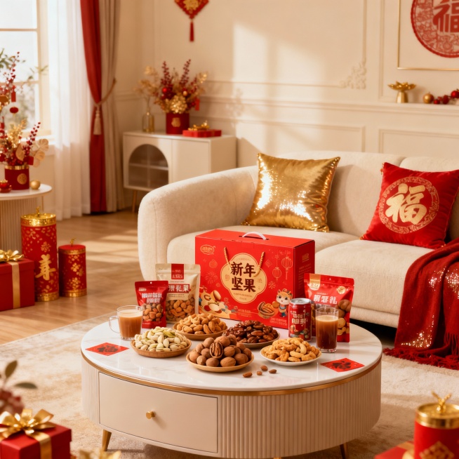 电商主题海报，纯画面图，不需要添加文字；核心元素：年货组合（坚果礼盒、零食包装、饮品）、背景，春节氛围下的奶油风客厅内茶几上摆放着年货组合；背景奶油风室内客厅。构图：年货组合居画面中下部作视觉焦点，背预览效果