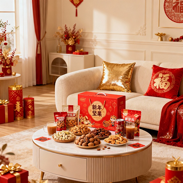 电商主题海报，纯画面图，不需要添加文字；核心元素：年货组合（坚果礼盒、零食包装、饮品）、背景，春节氛围下的奶油风客厅内茶几上摆放着年货组合；背景奶油风室内客厅。构图：年货组合居画面中下部作视觉焦点，背景沙发茶几上作新春装饰环绕烘托氛围，视觉热闹且突出产品。色彩：正红 + 鎏金 + 坚果暖棕为主，色调浓郁喜庆。风格：新春家居欢乐，元素质感饱满（年货包装细节、装饰元素光泽、背景氛围），传递热闹年味。