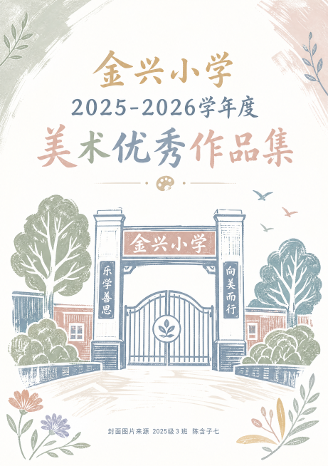 金兴小学2025-2026学年度美术优秀作品集封面，文字：封面图片来源2025级3班陈含子七，以胶版画校门为主体元素，风格简洁，A4尺寸浅色淡雅预览效果